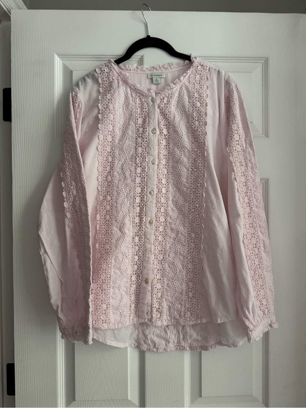 Sundance Light Pink Crochet Trim Ruffle Collar Button Up Swiss Dot Blouse SizeXL